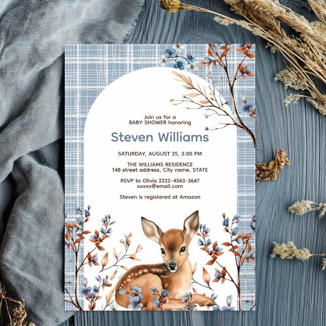 Convite Chá de fraldas de flores rústicas da floresta de v (Oh deer rustic blue florals with cute forest deer baby shower invitation, gender neutral, woodland )