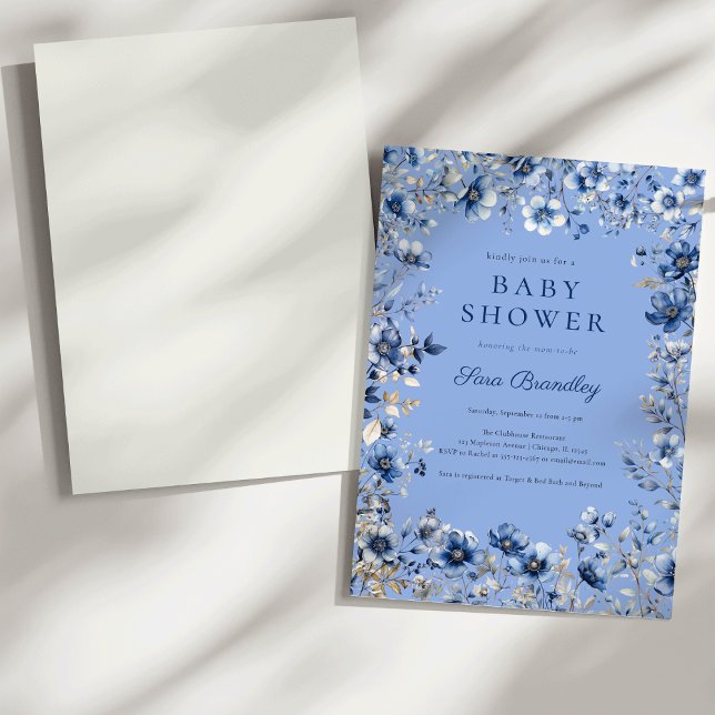 Convite Chá de fraldas de Flores Selvagens Azuis e Negras (Boho Dark and dusty blue crisp white wildflowers Baby shower Invitation)