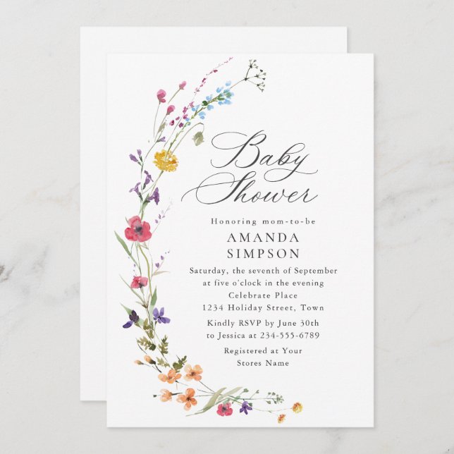 Convite Chá de fraldas de Flores Selvagens de Aquarela Ele (Frente/Verso)