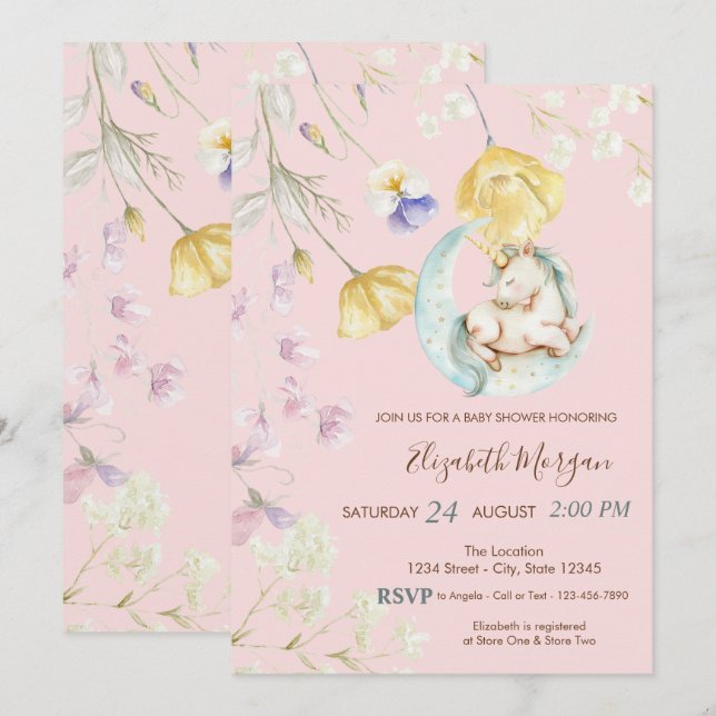 Convite Chá de fraldas de Flores Selvagens de Mola Unicorn (Frente/Verso)