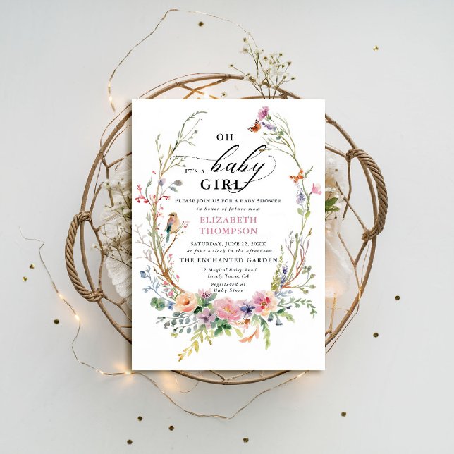Convite Chá de fraldas de flores silvestres de jardim enta (enchanted garden baby shower invitation woodland forest bird butterfly spring summer whimsical chic)