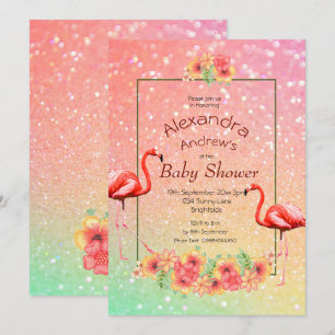Convite Chá de fraldas de Flores Tropicais Glitter Flamin