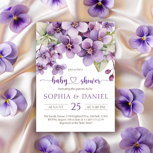 Convite Chá de fraldas de Flores Violetas Roxas de Verão (Summer Purple Violet Flowers Baby Shower Invitation)