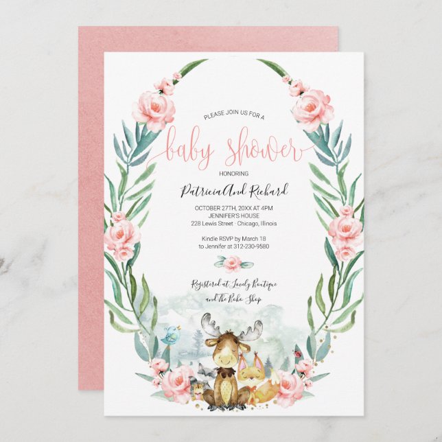 Convite Chá de fraldas de Floresta Floral Adorável (Frente/Verso)