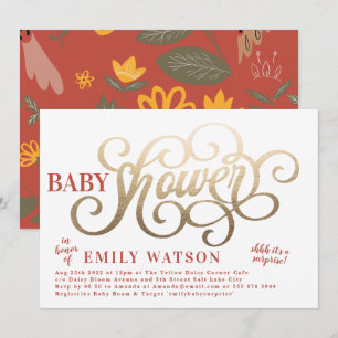 Convite Chá de fraldas De Folha De Ouro, Rústico Branco