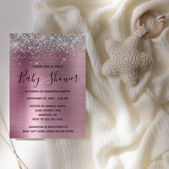 Convite Chá de fraldas de folha de prata e folha de alumín (Faux Silver Glitter and Pink Foil Baby Shower Invite)