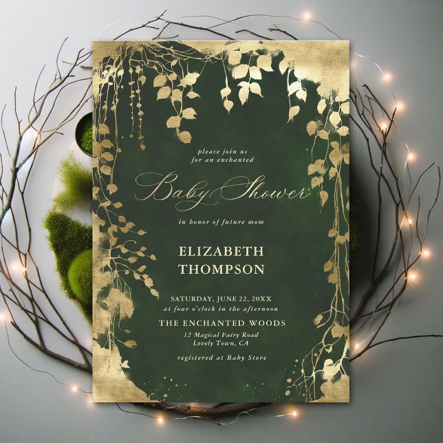 Convite Chá de fraldas de Folha de Quadro Dourado de Flore (Enchanted Forest Hunter Green Greenery Frame Modern Calligraphy Neutral Baby Shower Invitation)