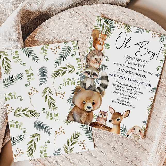 Convite Chá de fraldas de Folhagem Brown Oh Boy Woodland (Sweet woodland themed boy's baby shower invitation featuring seven cute animals and some greenery.)