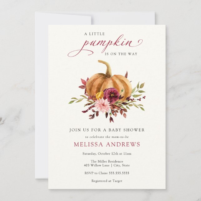 Convite Chá de fraldas de Folhagem da Autumn Pumpkin Burgu (Frente)
