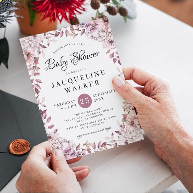 Convite Chá de fraldas de Folhagem das Flores Roxas do Out (Criador carregado)