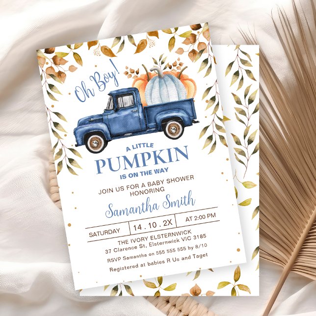 Convite Chá de fraldas de Folhagem de Caminhão de Pumpkin  (Editable Blue Little Pumpkin Truck Baby Shower Invitation, Fall Baby Shower Invite Boy, Editable)