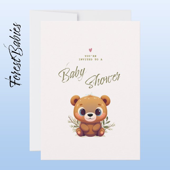 Convite Chá de fraldas de Folhagem Floral Rosa, Cute, com  (Teddy Bear 🐻 Cute Pink Floral Foliage Baby Shower Invitation - Front with Envelope)