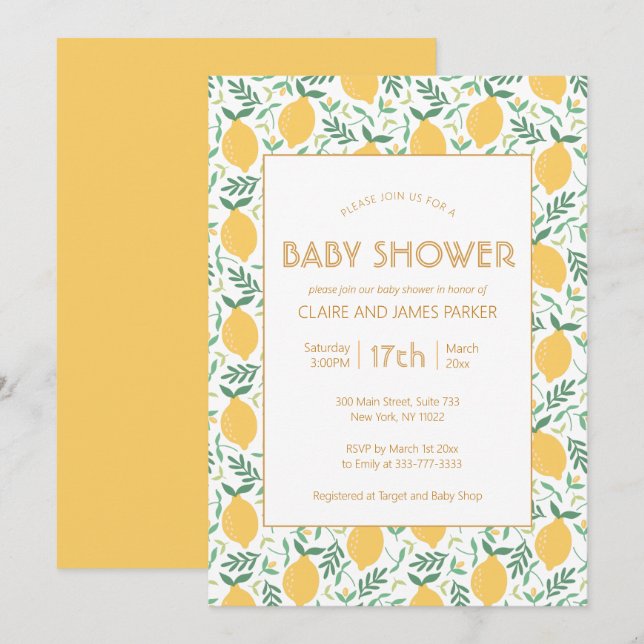 Convite Chá de fraldas de folhas de Fruta de limão amarelo (Frente/Verso)
