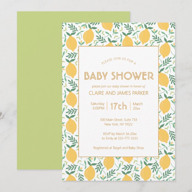 Convite Chá de fraldas de folhas de Fruta de limão amarelo (Frente/Verso)