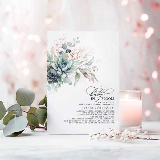 Convite Chá de fraldas de Folhas Douradas Cinza-Verde Sucu (Baby in Bloom Succulents Greenery Pink Gold and Sage Baby Shower Invitations)