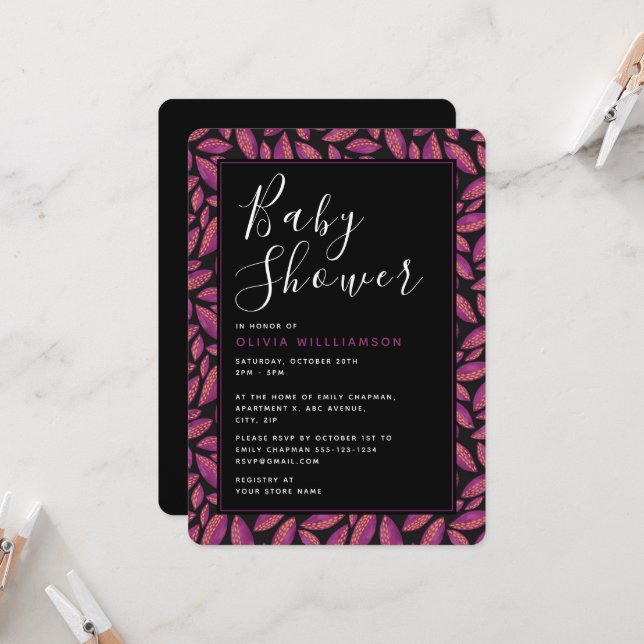 Convite Chá de fraldas de Folhas Roxas (Frente/Verso In Situ)