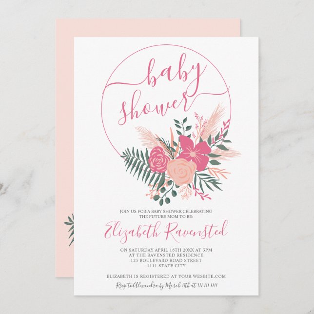 Convite Chá de fraldas de fonte verde-rosa moderno com buq (Frente/Verso)