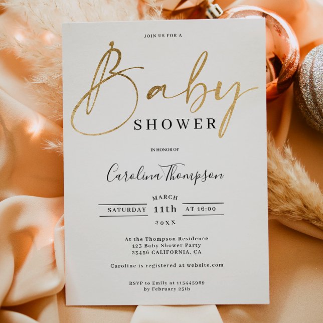 Convite Chá de fraldas de fontes moderno elegante do scrip (Modern elegant chic gold script font baby shower invitation)