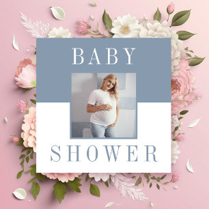 Convite Chá de fraldas de foto azul mínimo de lado duplo