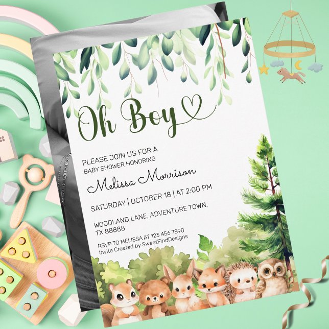 Convite Chá de fraldas de Foto do Boy Woodland (Oh Boy Woodland Photo Boy Baby Shower Invitation)