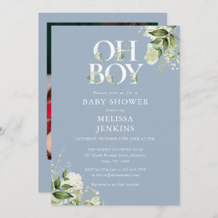 Convite Chá de fraldas de Foto Dusty Blue Oh Boy Greenery