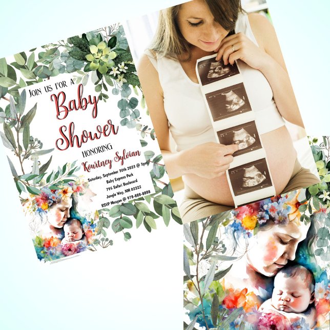 Convite Chá de fraldas de Fotografia de Cores d'Água Mãe e (Express your love for your little bundle of joy with this unique mother & child baby shower invite)