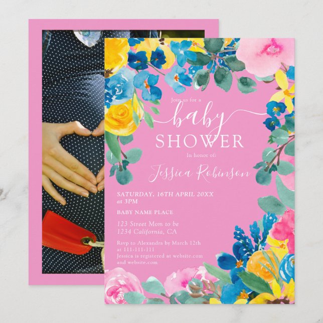 Convite Chá de fraldas de fotografia floral rosa russo (Frente/Verso)