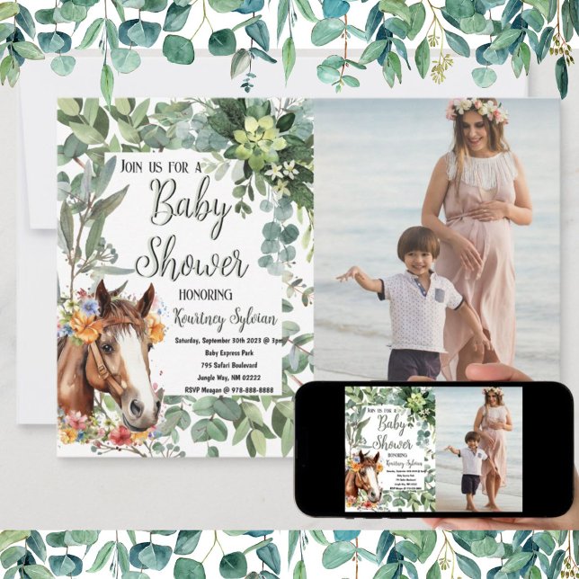 Convite Chá de fraldas de Fotografia Personalizada Floral  (Beautiful horse themed baby shower invitation, printed, via download or both.)