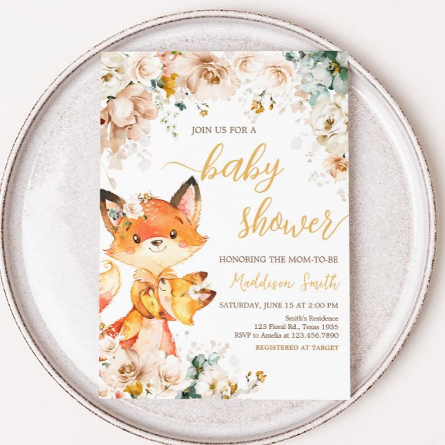 Convite Chá de fraldas de Fox Floral Woodland (Fox Baby Shower Invitation)