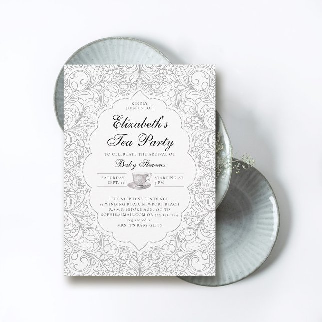 Convite Chá de fraldas de Frame de Lace BW Moderno do Tea  (baby tea party shower invitation elegant frame modern classic chic lace black white)