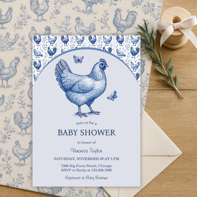 Convite Chá de fraldas de Frango Nacional do Toile Azul (Blue Toile Hen Baby Shower French Country Farmhouse Chic)