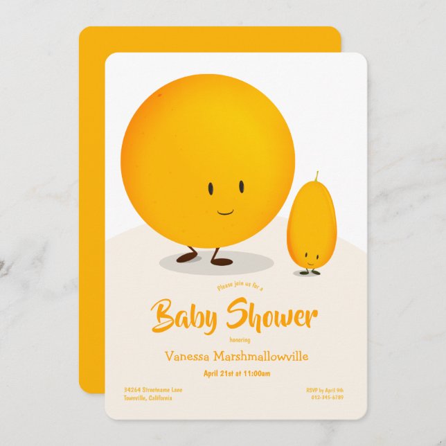 Convite Chá de fraldas de Fruta Kumquat Branco Laranja (Frente/Verso)