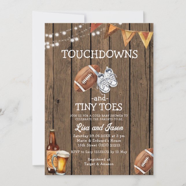 Convite Chá de fraldas de futebol do Wood Touchdown Tiny T (Frente)