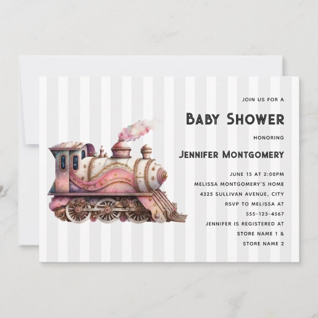 Convite Chá de fraldas de galhardetes com motor de comboio (Frente)