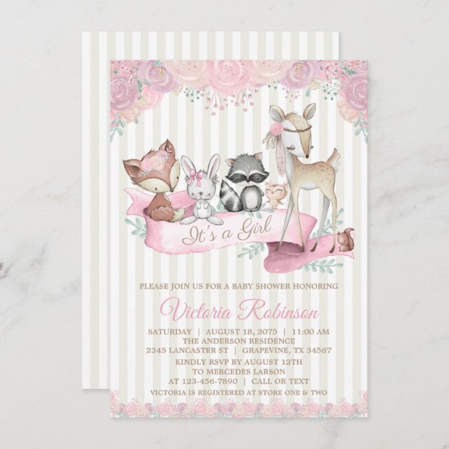 Convite Chá de fraldas de Garota Animal da Floresta Doce (Frente/Verso)