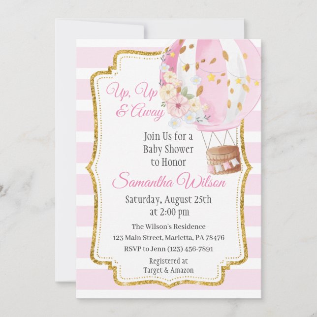 Convite Chá de fraldas de Garota Balão de Ar Quente (Frente)