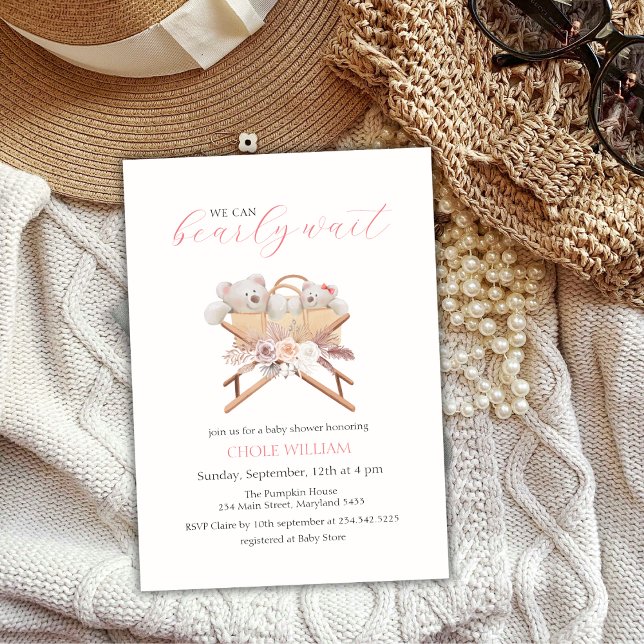 Convite Chá de fraldas de Garota Bassinet de Urso Floral B (Boho Floral Bear Bassinet Girl Baby Shower Invitation)