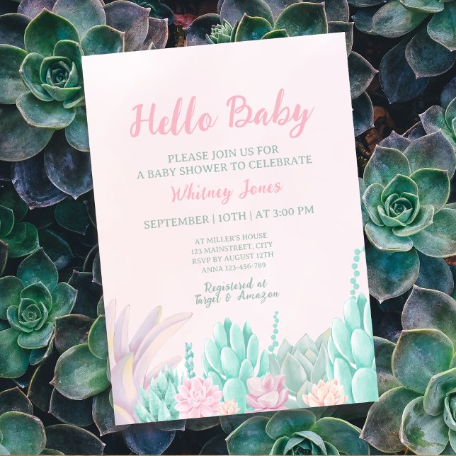 Convite Chá de fraldas de Garota Botânica com Aquarela Suc (Succulent Watercolor Botanical Girl Baby Shower Invitation)