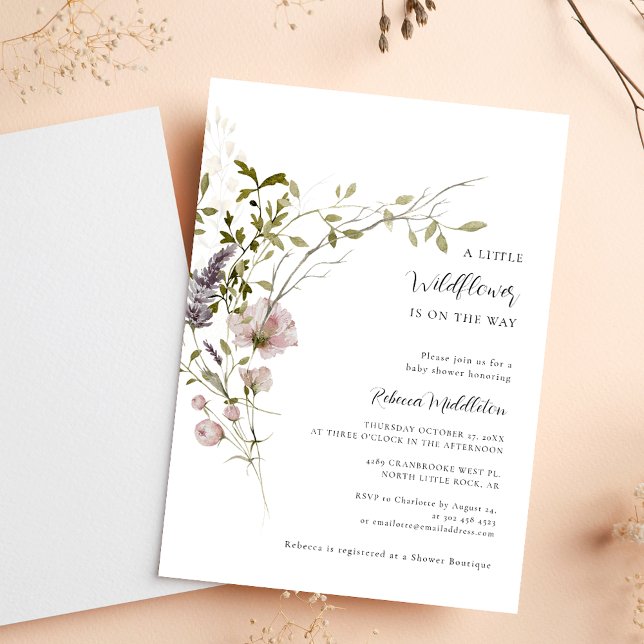 Convite Chá de fraldas de Garota Botânica de Flor Selvagem (Wildflower Botanical Girl Baby Shower Invitation)