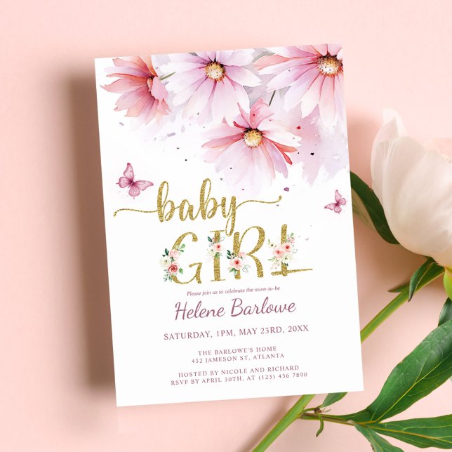 Convite Chá de fraldas de Garota Botânica Dourada Rosa Flo (Floral Pink Gold Botanical Girl Baby Shower Invitation)