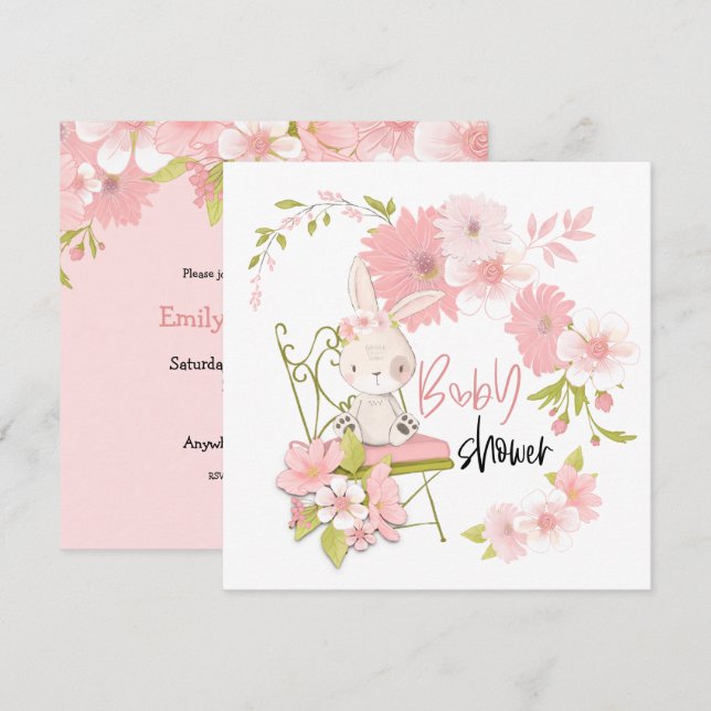 Convite Chá de fraldas de Garota Branca de Flores Coelhinh (Frente/Verso)