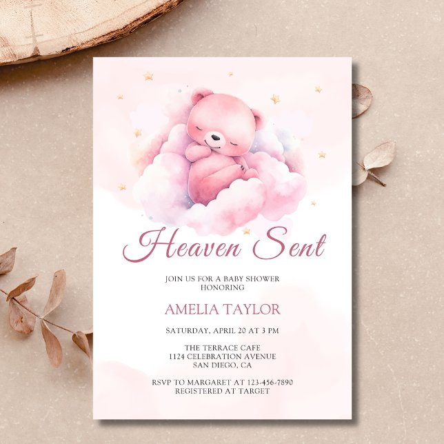 Convite Chá de fraldas de Garota Celestial de Urso Rosa co (A "Heaven Sent" girl's baby shower invitation featuring a pink bear on a cloud)