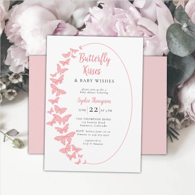 Convite Chá de fraldas de Garota Chic Boho Rosa (butterfly kisses baby girl shower invitation whimsical coral pink butterflies boho chic watercolor )