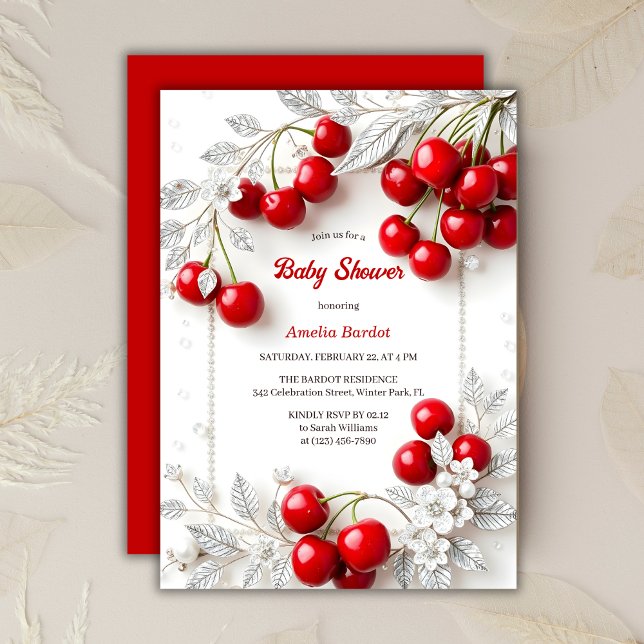 Convite Chá de fraldas de Garota Chic Red Cherry Themed (Chic Red Cherry Themed Girl Baby Shower Invitation)