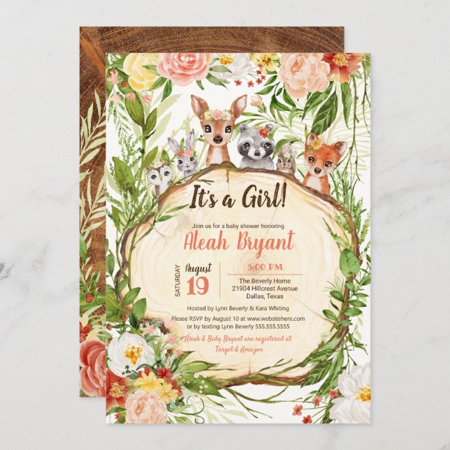 Convite Chá de fraldas de Garota de Animais da Floresta Wo (Frente/Verso)