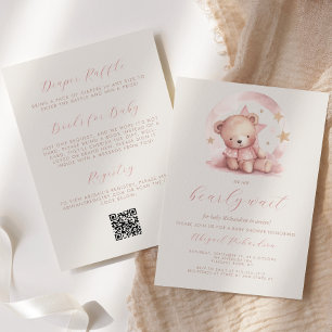Convite Chá de fraldas de Garota de Código QR de Urso Rosa