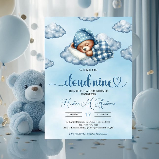 Convite Chá de fraldas de Garota de Névoa Trendy (cloud nine sleeping teddy bear boy baby shower invitation)