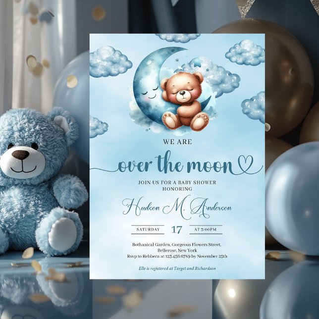 Convite Chá de fraldas de Garota de Névoa Trendy (we are over the moon boy baby shower invitation)