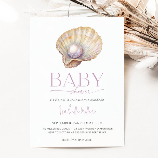 Convite Chá de fraldas de Garota de Praia do Oceano Oceano (Pearl Oyster Sea Ocean Beach Girl Baby Shower Invitation)