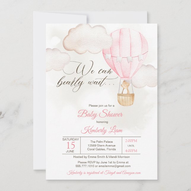 Convite Chá de fraldas de Garota do Balão de Ar Quente do  (Frente)